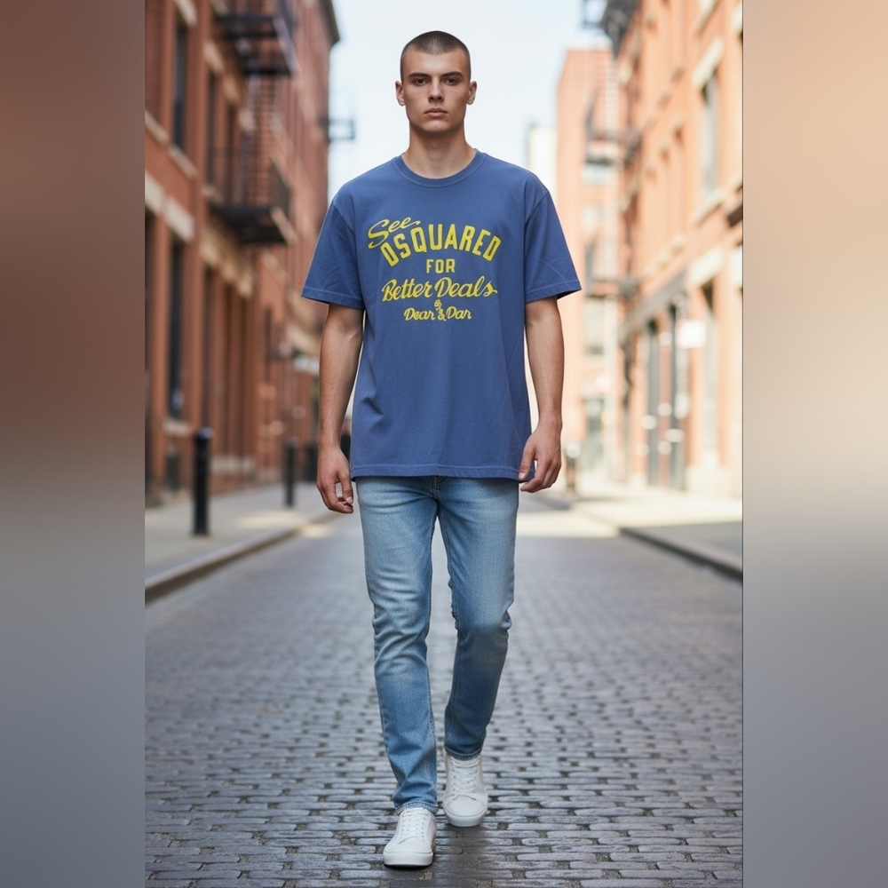 DSquared2 Italian Logo Print Graphic Tee Shirt Blue Vintage Cotton Unisex Luxe